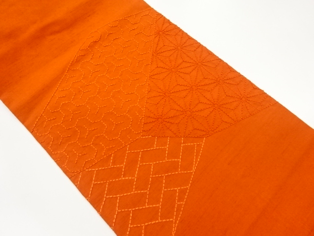 手織り紬切り嵌め風刺し子麻の葉に檜垣・毘沙門亀甲模様名古屋帯